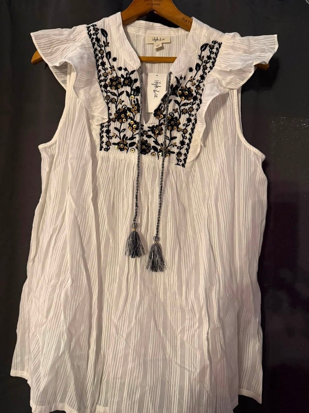 Style & Co. White Sleeveless Tassel Top with Black Embroidery